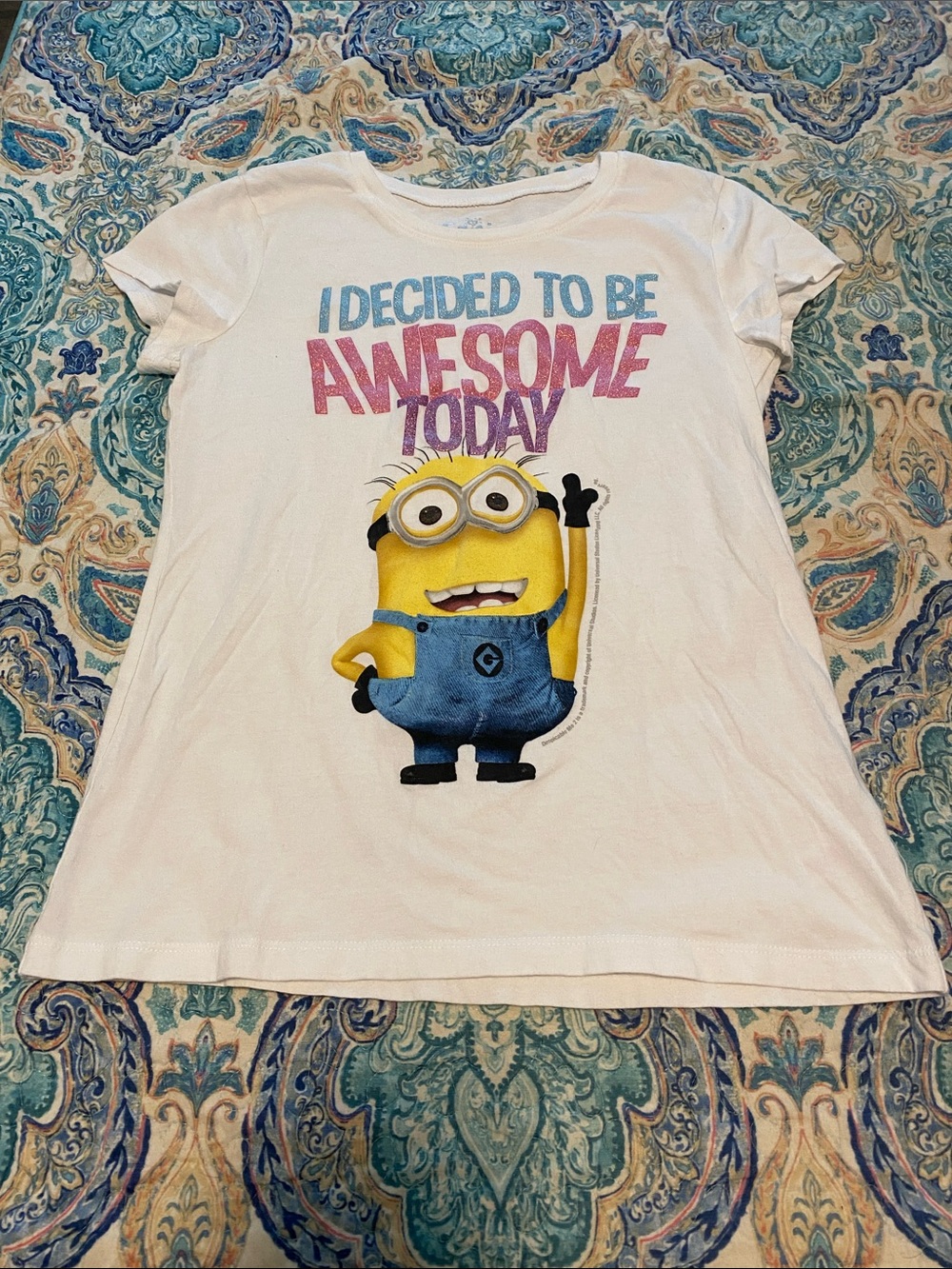 Justice White Tee with Yellow Minion and Blue/Pink Graphic
